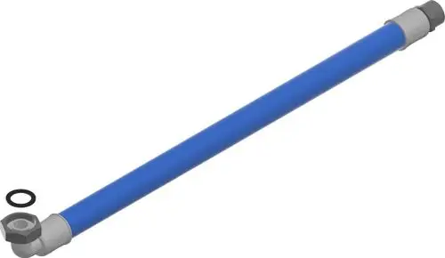Blauer Anschlussschlauch mit einer Verbindung und einer Dichtung am Ende, geeignet für Bosch-Produkte. Der Schlauch hat eine gerade Form und ist in einem einheitlichen Blau gehalten.